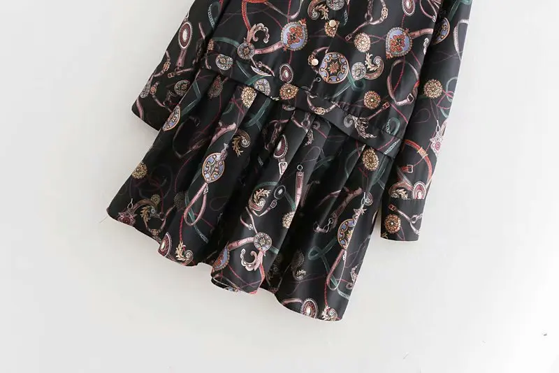 Flabbit women retro chain print shirtwaist hem ruffles dress ladies casual long sleeve stylish femme loose vestidos DS257 | Женская