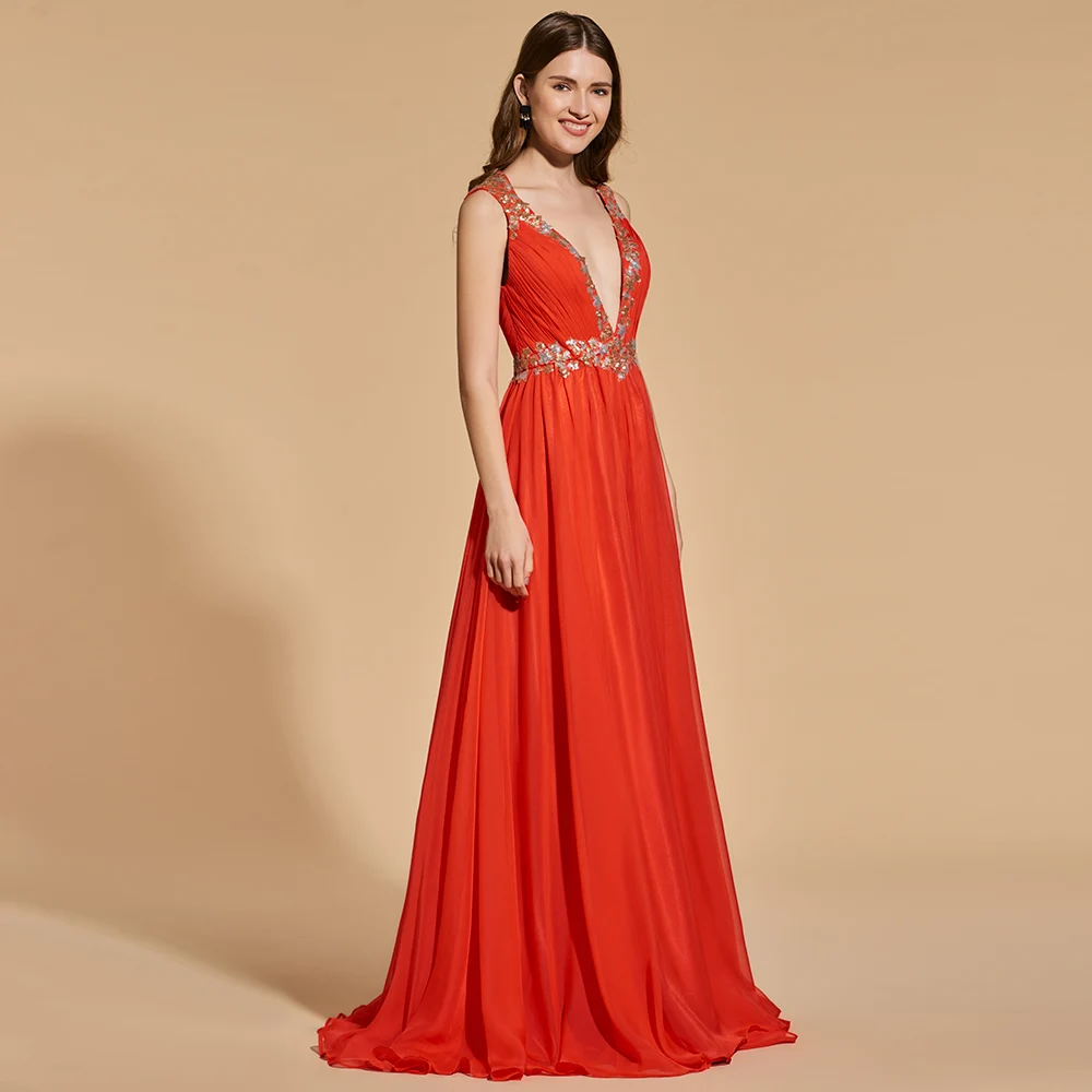 Платье organge красное длинное с v-вырезом длиной до пола открытой спинкой вечернее