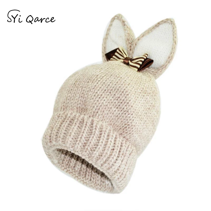 Beige SYi Qarce, детские зимние вязаные шапки Skullies Beanies, шапка с милыми заячьими ушками для мальчиков и девочек 3-6 лет, милая шапка, NM476-82 - Цвет: Beige