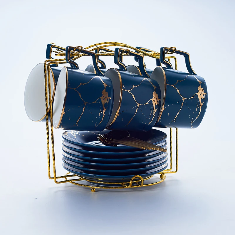Blue 6Cups n Holder Мрамор Керамика Кофе чашка с блюдцем ложка 200 мл Nordic Чай чашки Матовый фарфор Чай расширенный набор Чай чашка кафе эспрессо чашка - Цвет: Blue 6Cups n Holder