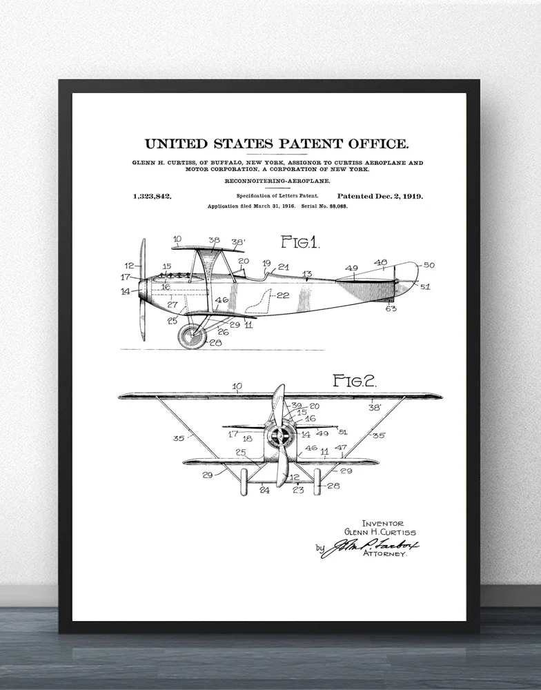 Разведывающий бисамолет Curtiss 1919 патентный план настенное искусство краска Декор