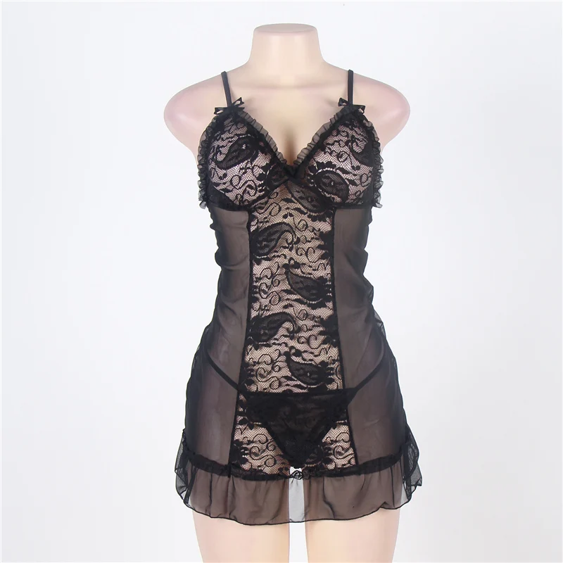 Black Halter Baby Doll Sexy Lingerie Hot Erotic Plus Size Floral Mesh Lace For Women Underwear | Тематическая одежда и