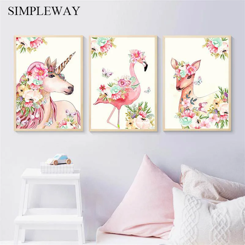 Цветочный постер с изображением единорога фламинго настенный художественный