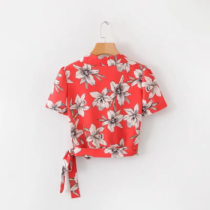 OMCHION Blusa Feminina лето 2018 В шеи Цветочный принт с бантом Рубашка нерегулярные короткий