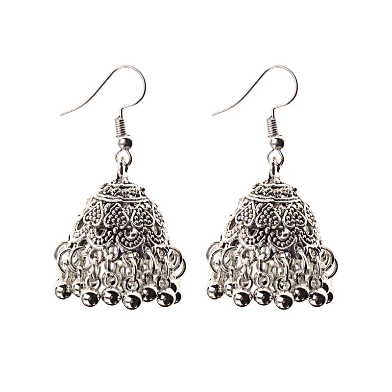 HXE059-2 TopHanqi, серебряный цвет, античный этнический индийский Jhumka Jhumki, женские серьги, богемные серьги-капли для женщин, цыганские украшения - Окраска металла: HXE059-2