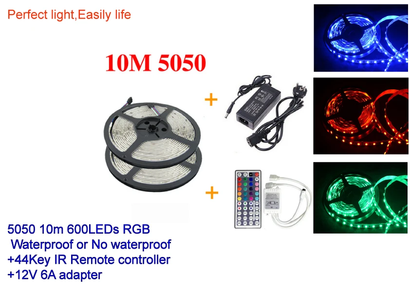 

10m 5050 RGB Led Strip Light SMD 600Leds Flexible Strips waterproof nowaterproof+44 key ir Remote Controller +DC12V 6A adapter