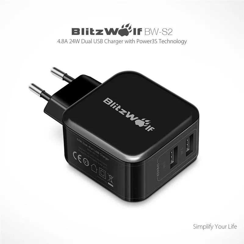 BlitzWolf BW S2 4.8A 24 Вт двойной USB зарядное устройство EU/зарядное с евровилкой быстрое