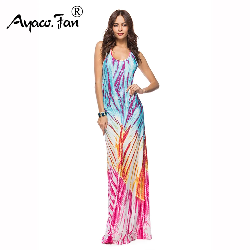Женское длинное платье макси без рукавов летнее пляжное в пол с круглым вырезом