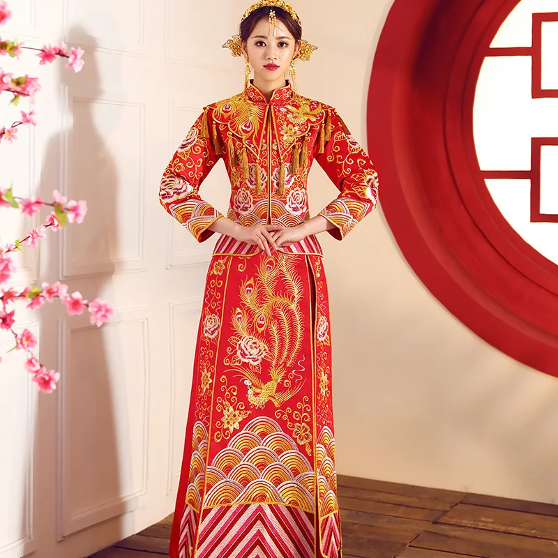 Красное женское традиционное свадебное платье Qipao 2018 новое с вышивкой и