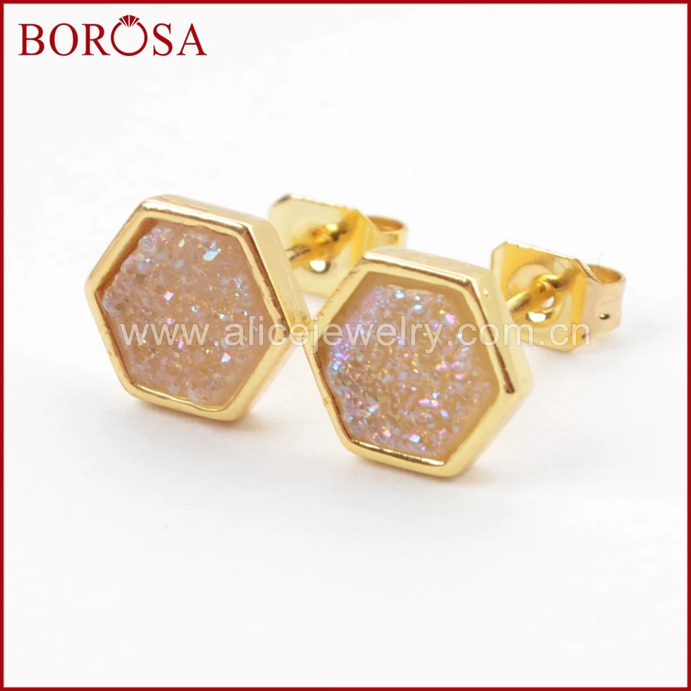 BOROSA 5/10 пар в комплекте; огранка золотого цвета с шестигранной головкой Радужный Титан Druzy Стад Серьги, Модные Ювелирные изделия, серьги из друзы для Для женщин ювелирные изделия ZG0275