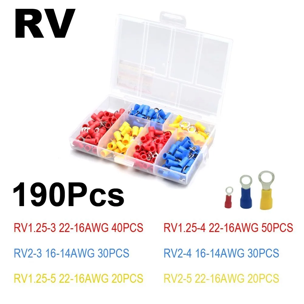 RV Box 190Pcs Набор обжимных клемм Вилка Лопата соединительное кольцо комплект провода кабель латунь разъем изолированный светодиодный - Цвет: RV Box 190Pcs