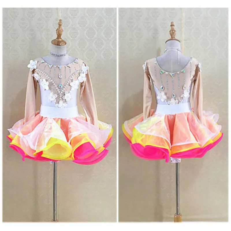 

Shiny Rhinestone Latin Dance Dress For Girls Competition Costumes Ballroom Dancing Latin Dress Girl Fish Bone Curling Skirt