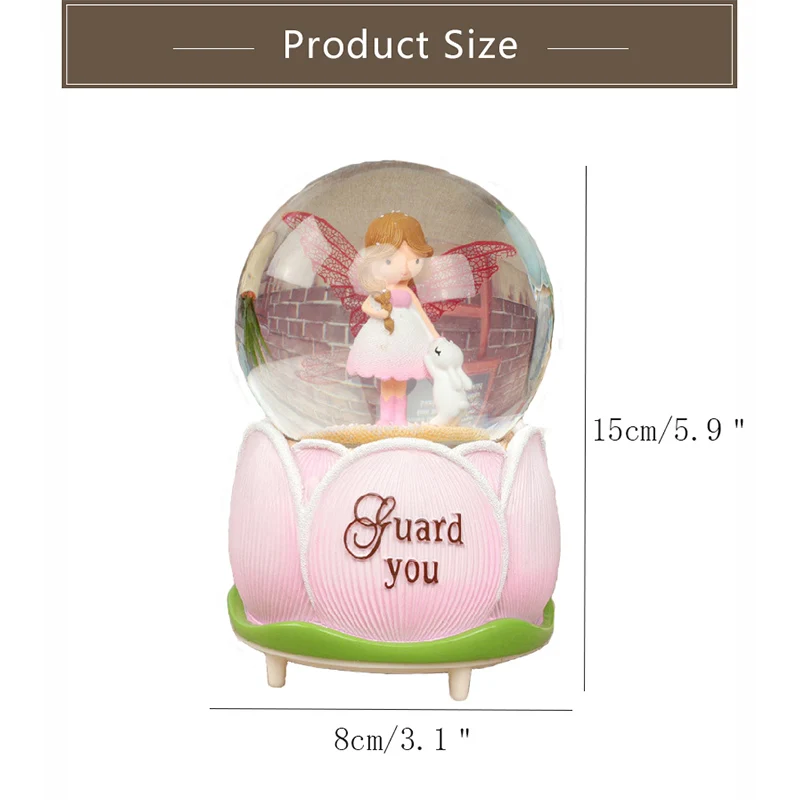 Cute Flower Bud Angel Automatic Floating Snow Crystal Ball Music Box Rotating Music Box with Light Figurines Creative Girl Gifts