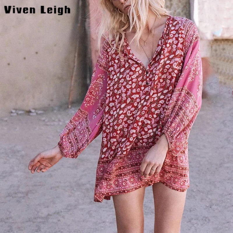Новые короткие Boho платье 2018 печати с длинным рукавом v-образным вырезом Платья