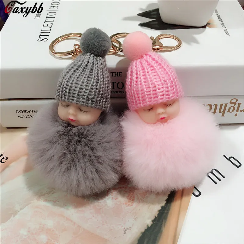 

Fake Rabbit Fur Ball Sleeping Baby Doll Keychain Pompom Car Keyring Baby Key Chain Women Key Holder Bag Pendant Jewelry