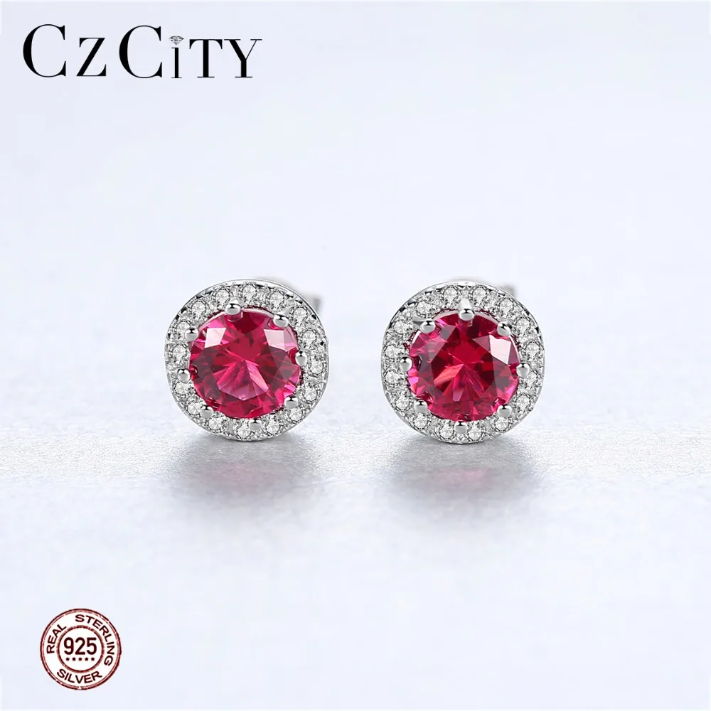 CZCITY Роскошные 7 мм круглый красный блестящие серьги со шпилькой для женщин