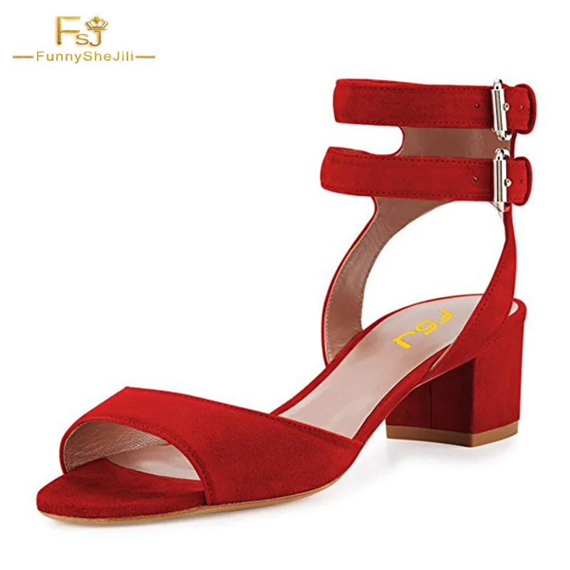 

FSJ Fashion Red Sandals Double Buckle Ladies Open Toe Summe Sandals Chunky Heels Ankle Strap Shoes Woman Party Casual Size 7 US