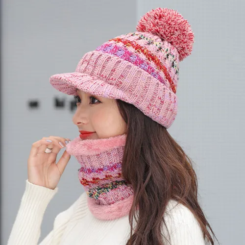 pink Jiangxihuitian, вязаная шапка для девочек, женская брендовая Высококачественная зимняя женская Лыжная шапка с помпонами из кроличьего меха, вязаный шарф - Цвет: pink