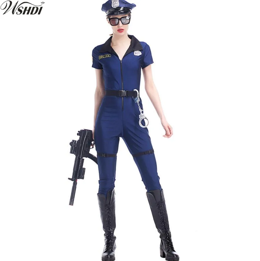 

M-XL Female Police Costume Adult Halloween Cosplay Police Officer Uniform Sexy Deep V Neck Blue Policewomen Jumpsuit