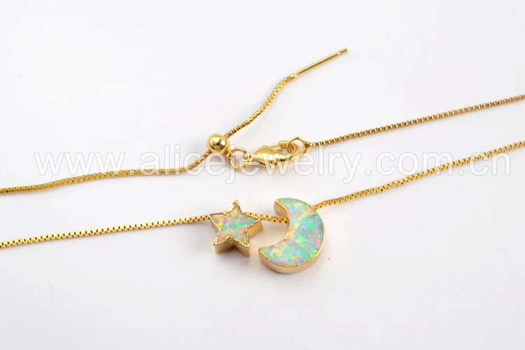 BOROSA New Arrivals! 5PCS 17inch Crescent& Star Gold Color Gems Man-made Opal Pendant Beads Necklace women Jewelry G1573