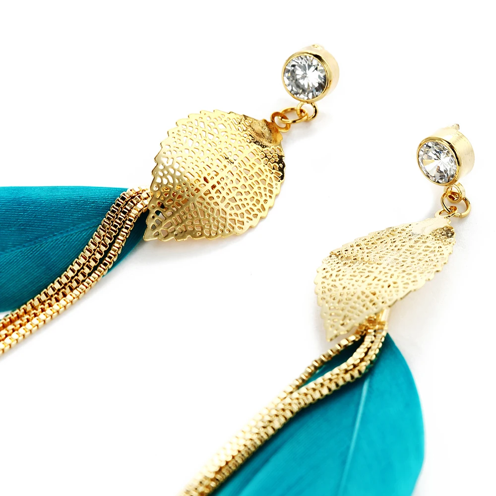 Женские длинные цепи серьги подвески для офиса с натуральным пером и золотыми