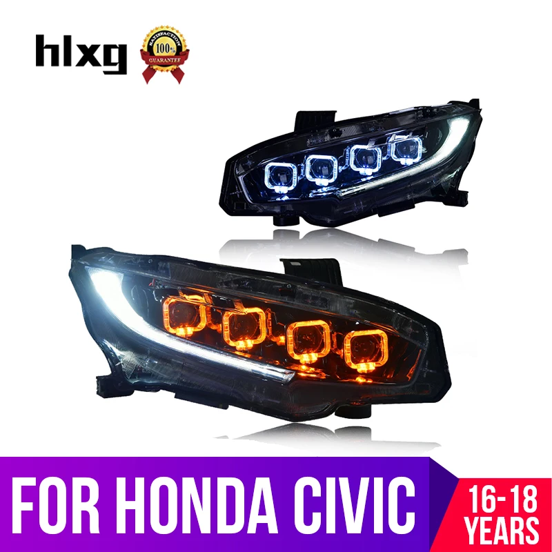 Hlxg автомобиля для укладки Honda Civic светодио дный фары 2016 2017 2018 Стиль объектив