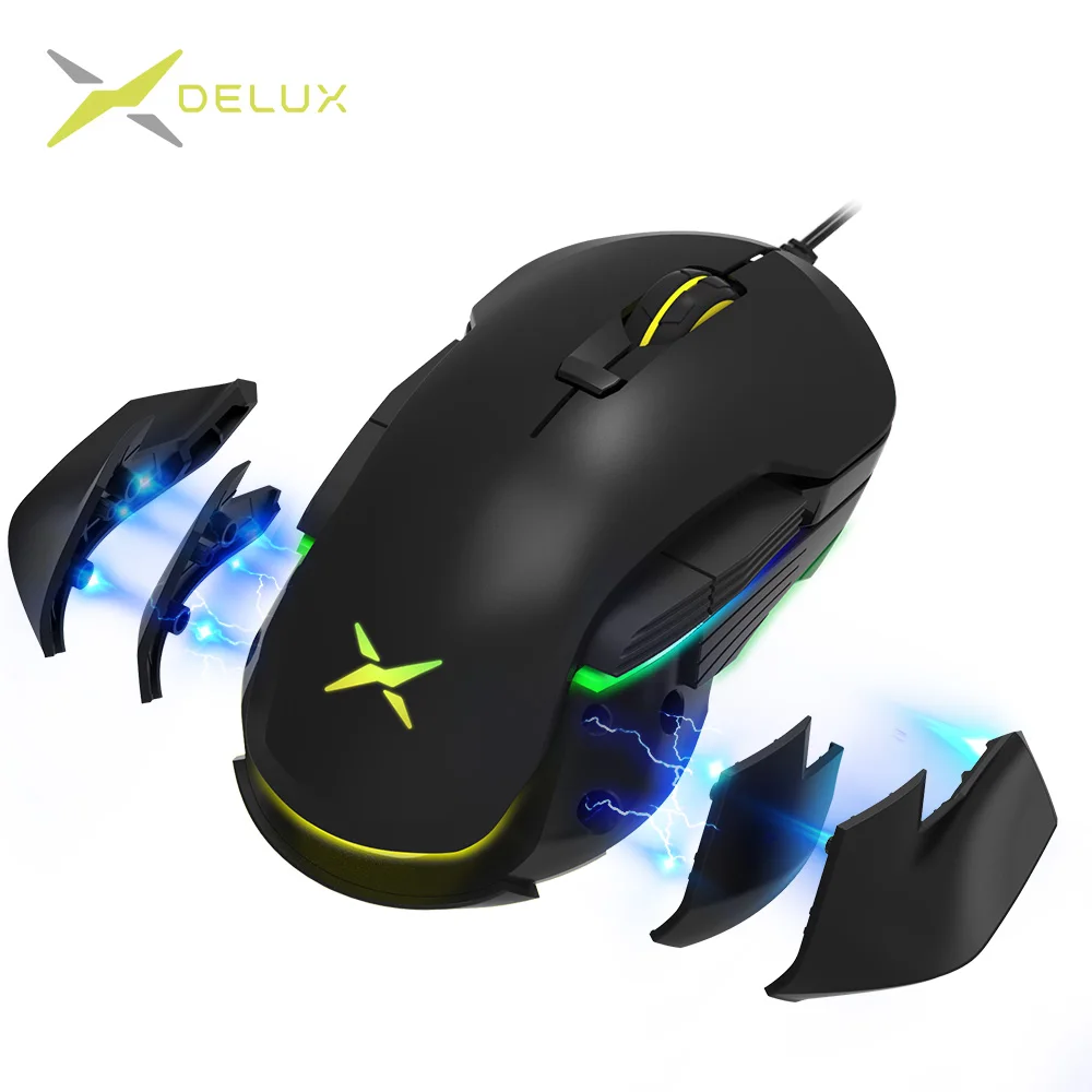 

Мышь игровая Delux M627S, проводная, с боковыми крыльями, 8 кнопок, 10000 DPI, RGB подсветка, оптическая, для левой и правой руки, для ПК