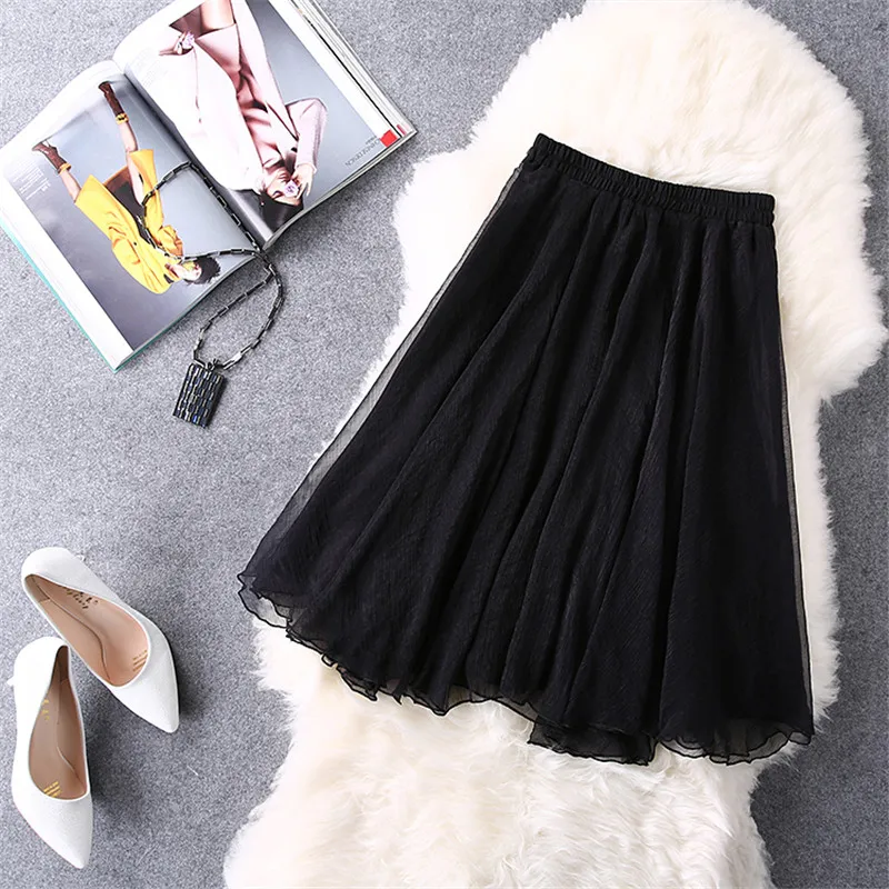 

New Spring Summer Tulle Skirts Women Faldas High Waist Midi Knee Length Chiffon Elastic Waist Grunge Female Tutu Skirts
