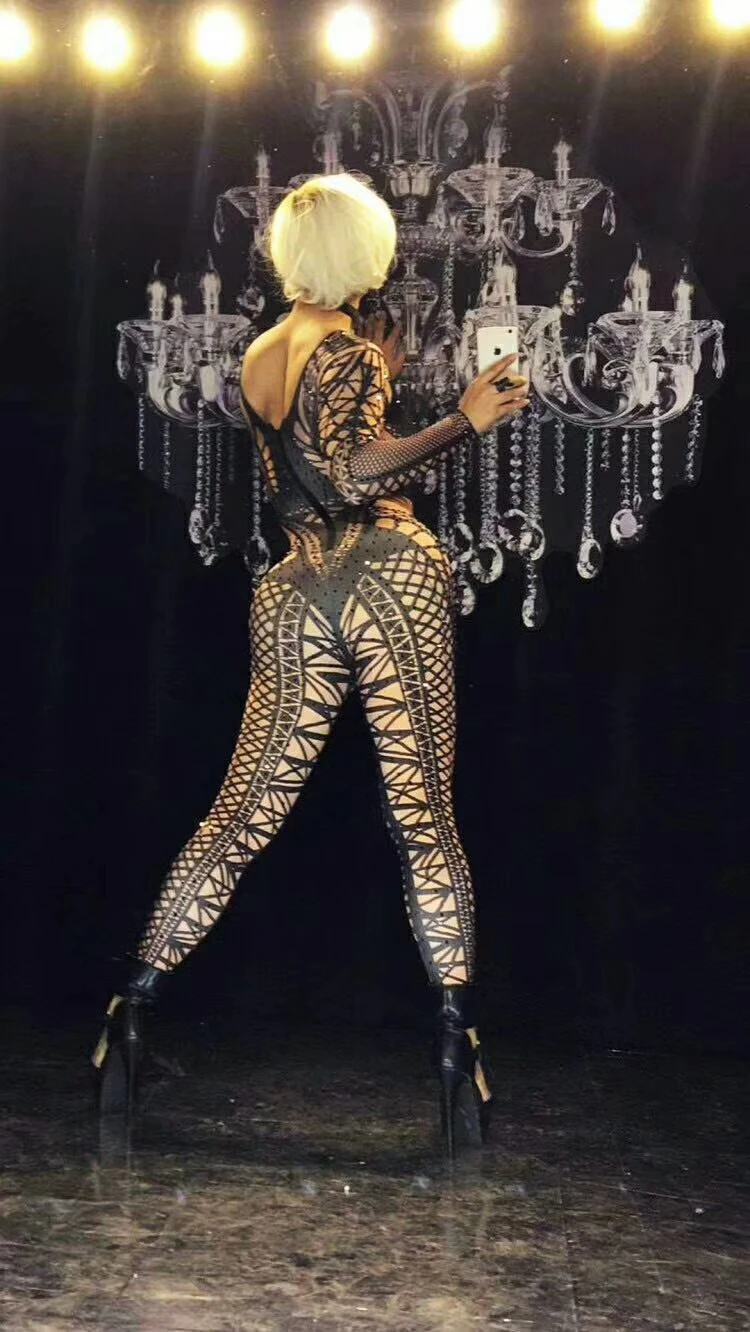 

Sexy Pole Dancing Women Jumpsuits Fashion Mesh Nightclub Women Singer Stretch Skinny Bodysuits Performance Costumes Catsuits