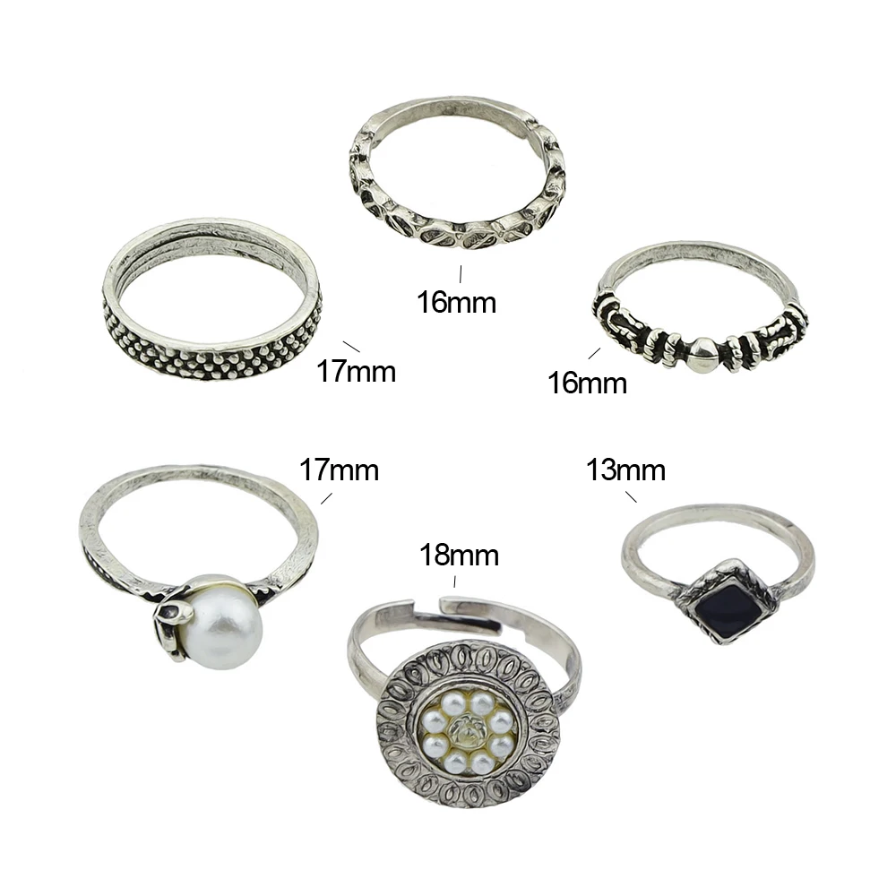 6pcs/set Bohemian Jewelry Midi Ring Antique Silver Gold Color with Black Enamel Simulated-pearl Square Round Finger Rings | Украшения и