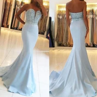 modest light blue prom dresses 2021 sweetheart crystal beading mermaid sexy back sweep train evening party pageant gowns cheap