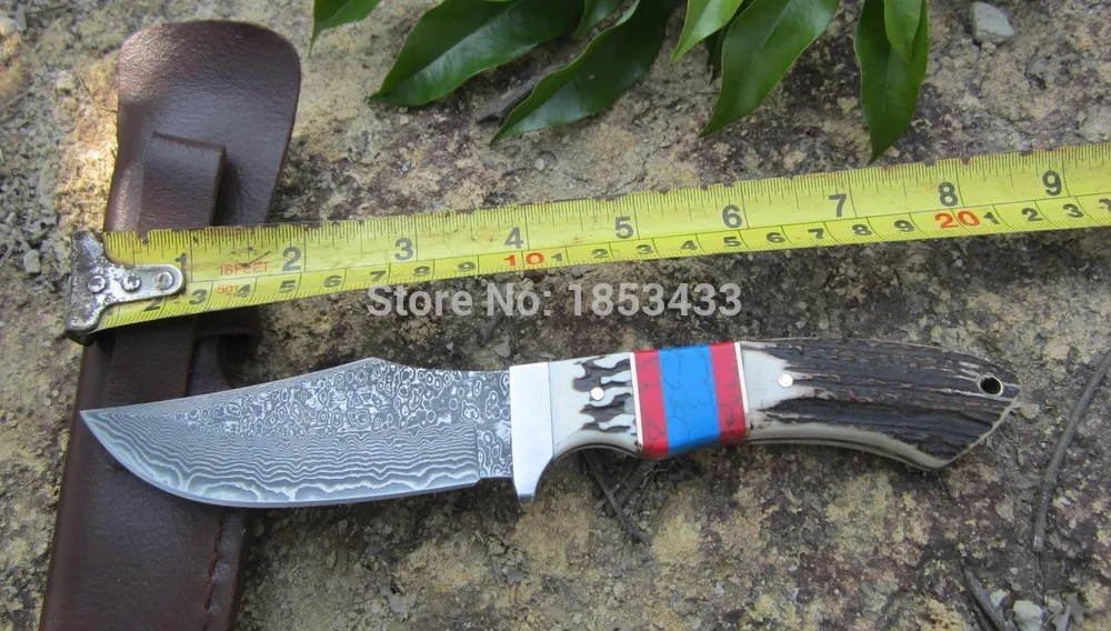 Дамасский фиксированный нож охотничий Олень Рог двухцветная ручка боевой прямой