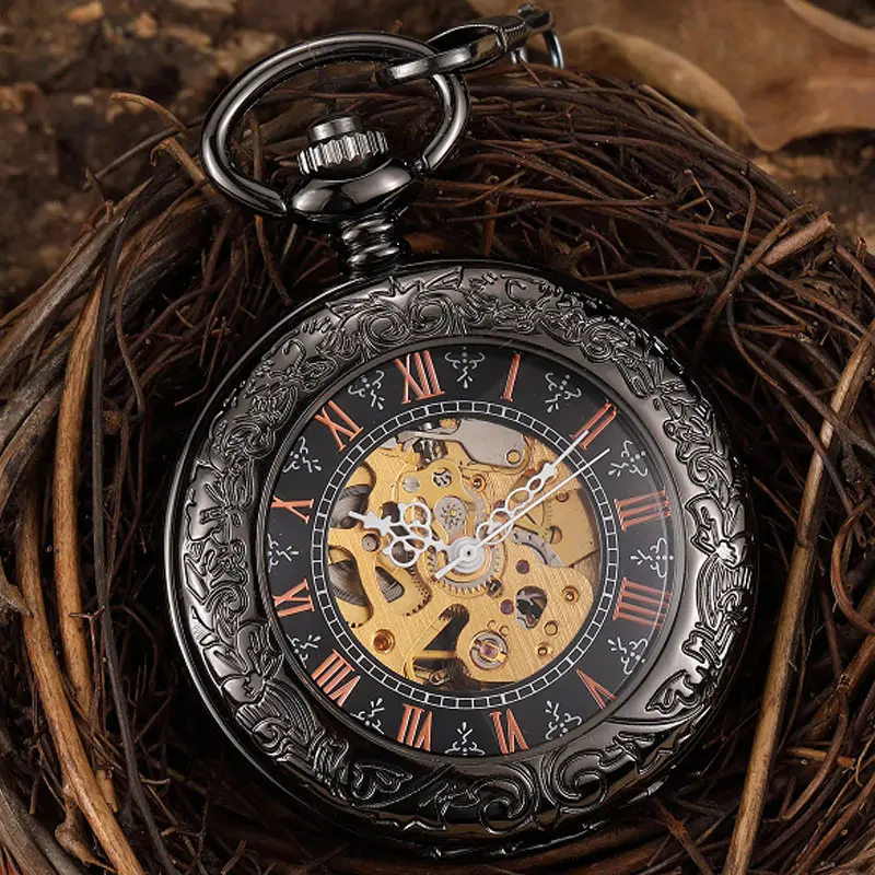 

Retro Mechanical Pocket Watch Men Roman Numerals Hand Winding Watch Steampunk Skeleton Fob Chain Clock Pendant Relogio De Bolso