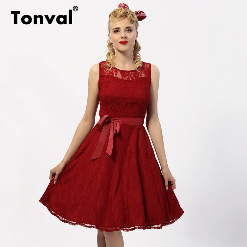 Tonval, винтажное белое летнее платье, элегантное, кружевное, Ретро стиль, для женщин, без рукавов, повседневные платья, с поясом, трапециевидные, вечерние, платье-халат