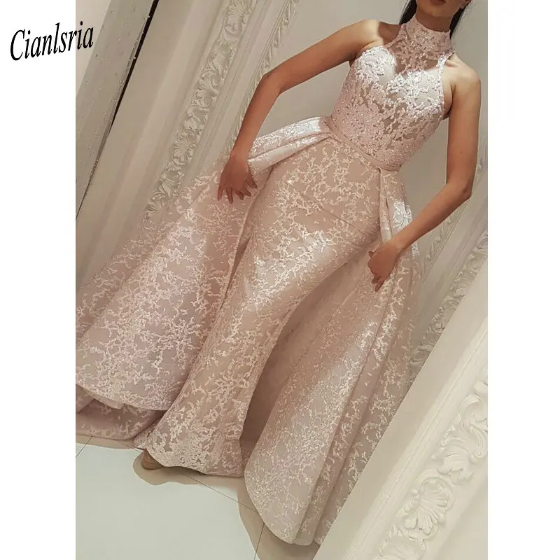 

Gorgeous Muslim Mermaid Evening Dress High Neck Detachable Train Islamic Dubai Kaftan Saudi Arabic Evening Party Dresses