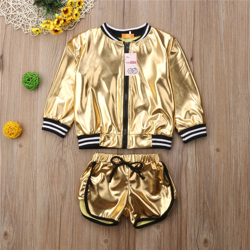 Autumn Girls Sports Clothes Set 1-6T Children Kid Baby Gilding Long Sleeve Tops Jacket Shorts Outift Tracksuit | Детская одежда и