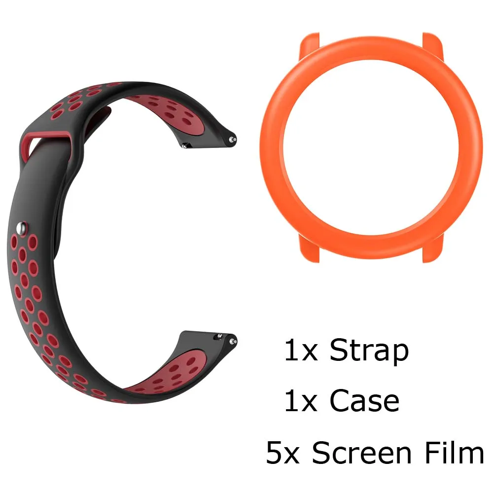 7/лот для Xiaomi Huami Amazfit Pace ремешок для часов браслет силиконовый Pulsera Correa Band защитный чехол Защитная пленка для экрана - Цвет: BlackRed-Orange
