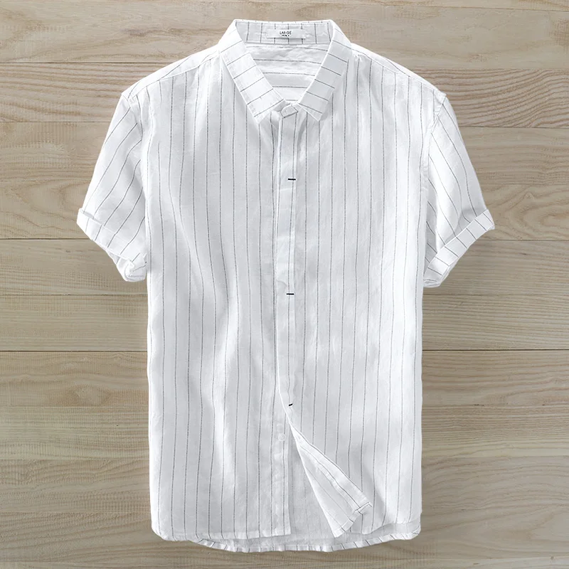 

New arrival short sleeve linen shirt men brand fashion stripe shirt mens summer white shirts male comfortable chemise homme