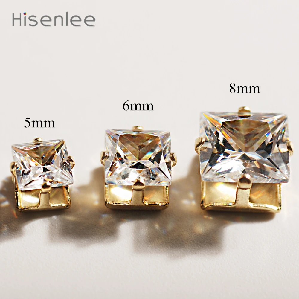 Hisenlee 5/6/8 мм золотой сингл коготь квадратный-shape форме, благодаря чему создается ощущение невесомости с ААА изысканный фианит Блестящий Драгоценный Камень Высокое качество ювелирные изделия Аксессуары для DIY