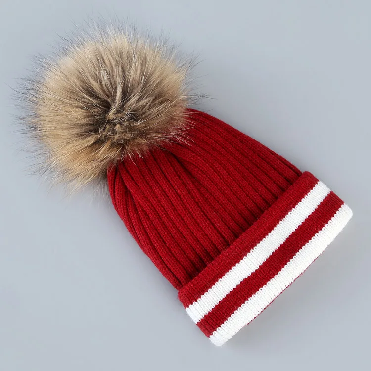 DANKEYISI Женская шерстяная шапка Skullies Beanies из натурального меха с помпонами, вязаная шапка для девочек, женская шапка с помпоном, шапки для женщин - Цвет: claret
