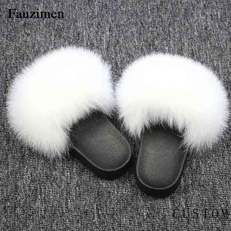 New Real Fox Fur Slippers Women Home Fluffy Sliders Plush Furry Summer Flats Cut Ladies Shoes Large Hot Selling | Обувь