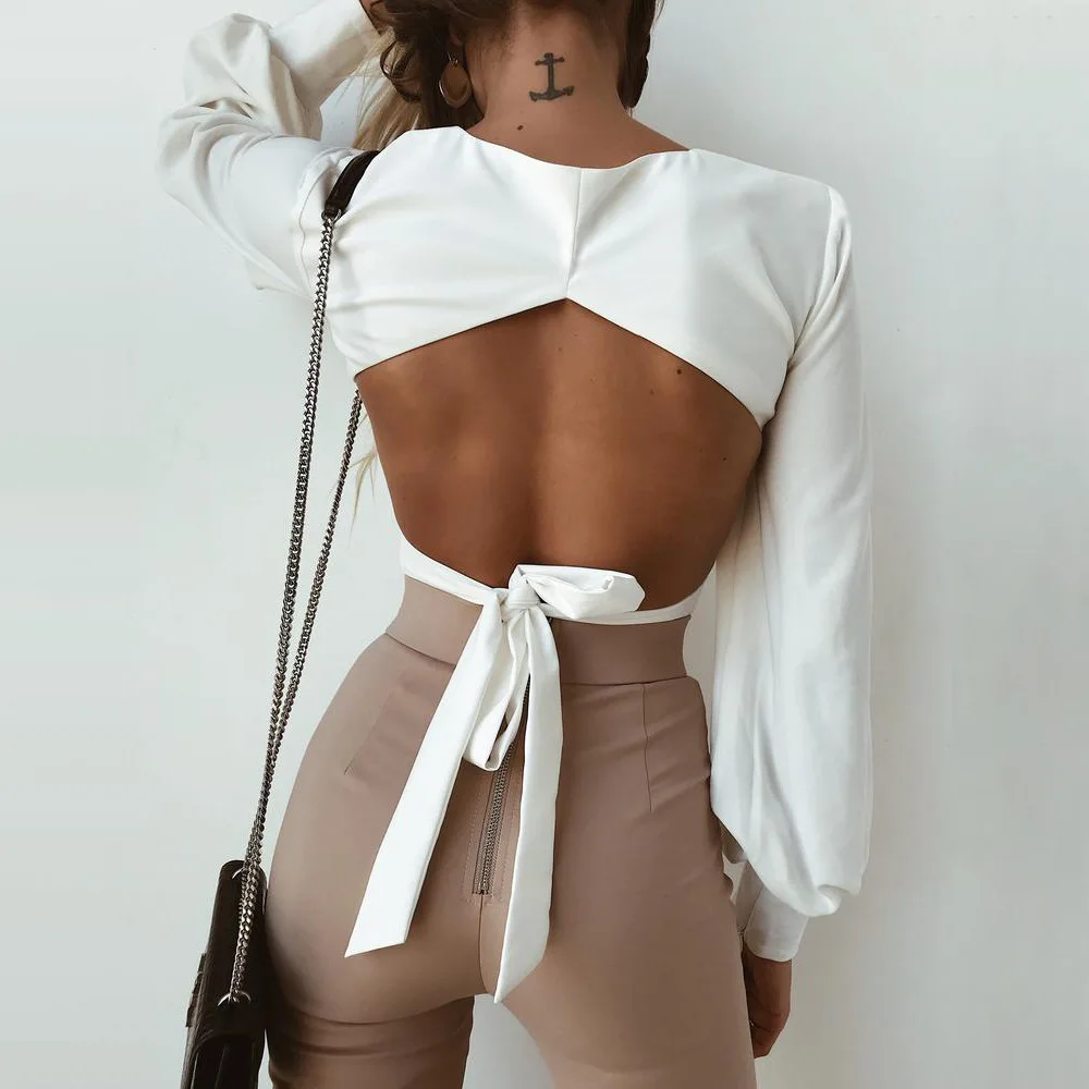 Женская футболка с открытой спиной квадратным вырезом длинным рукавом в