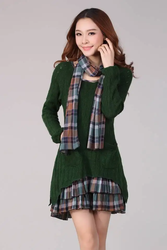 С шарфом! 2015 новый зима женщины свитер платье теплый свободного покроя плед