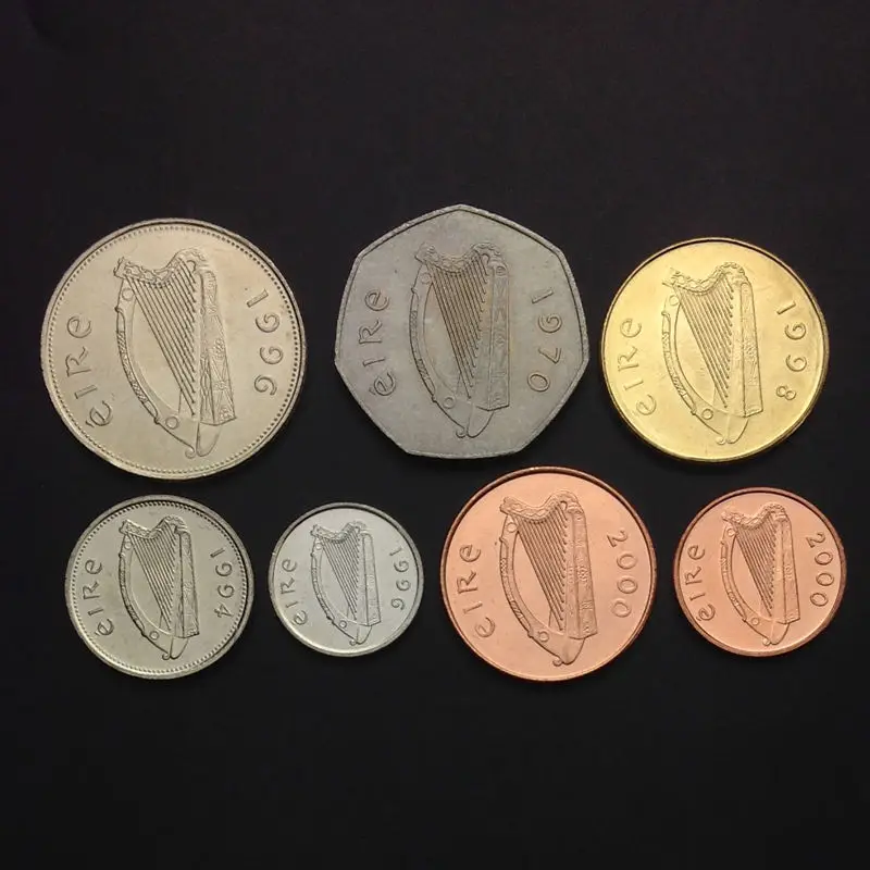 Ireland набор 7 монет 1 2 5 10 20 50 пенсов + фунт 1970-2000 UNC коллекция Европа животное подарок