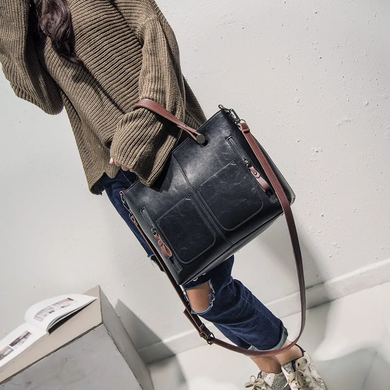 Новинка 2019 женские сумки однотонная сумка на плечо с карманом модные тоут