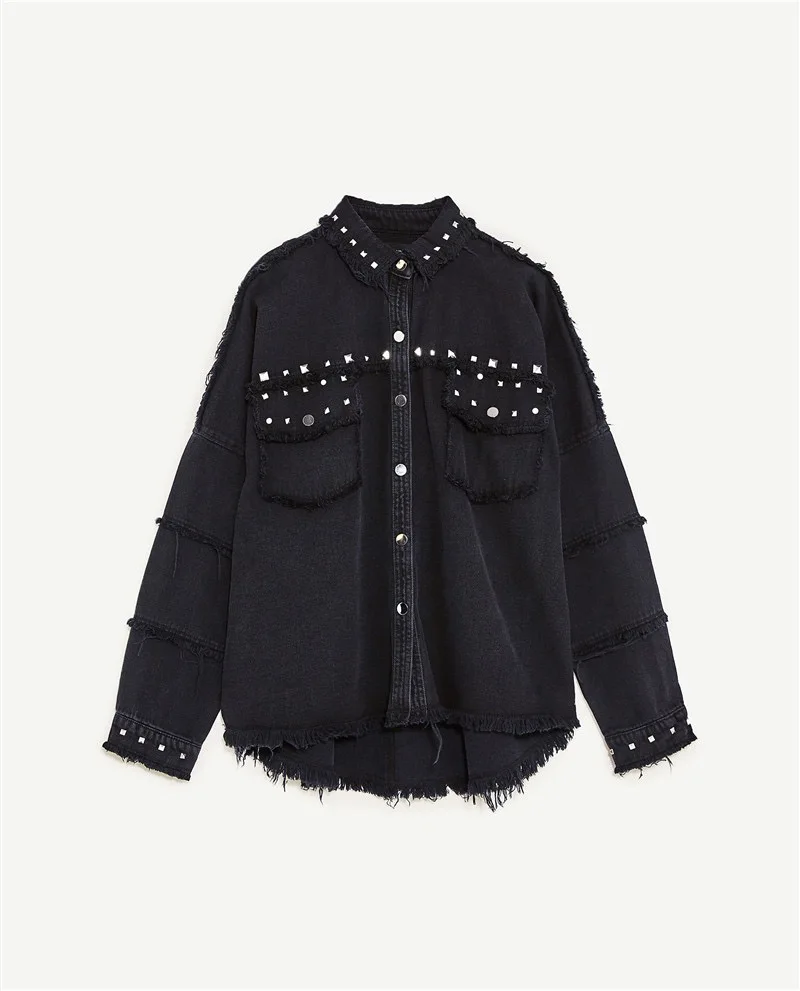 black Chaquetas mujer Заклепки джинсовая куртка Свободная джинсовая куртка женская с длинным рукавом бомбардировщик куртка осень женская джинсовая пальто veste femme - Цвет: black