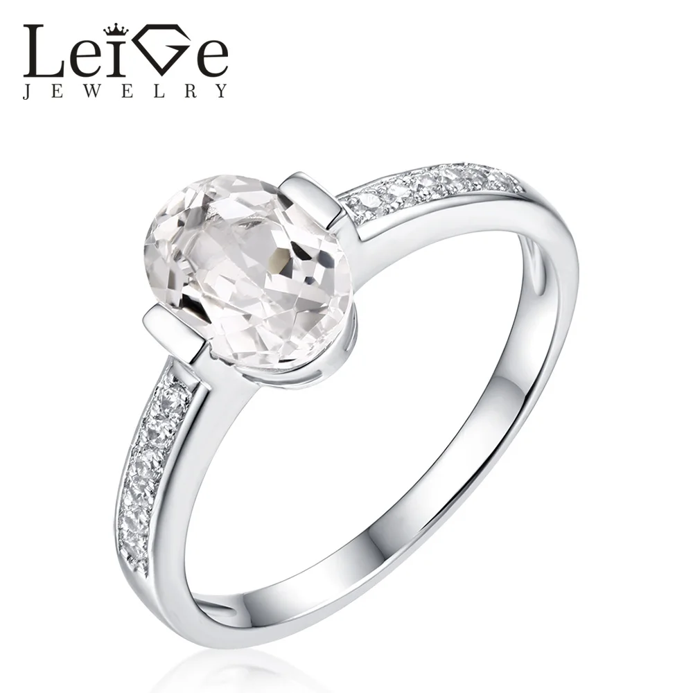 

Leige Jewelry Natural White Topaz Ring Gemstone Oval Cut Bezel Setting 925 Silver Wedding Rings for Women Anniversary Gift