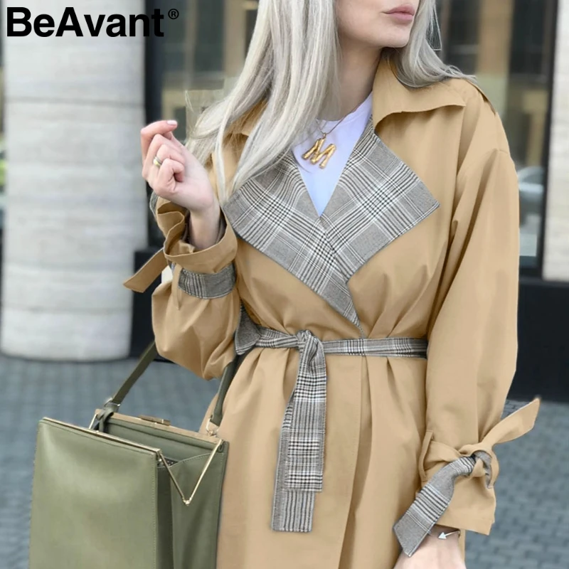 BeAvant отложной воротник сшивание Женский Тренч винтажное клетчатое осенне зимнее