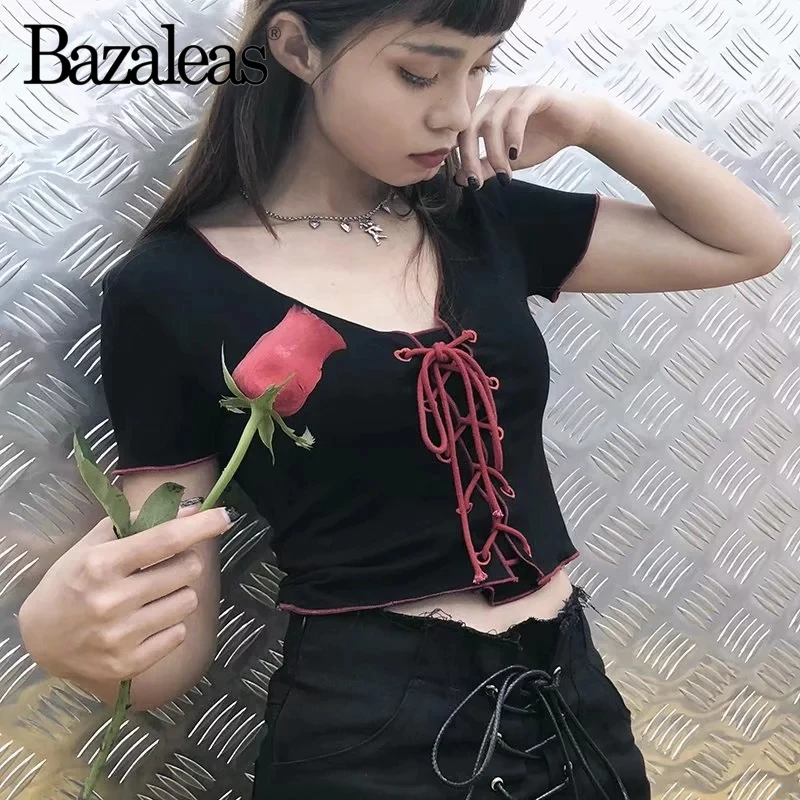 Bazaleas 2019 Харадзюку бюст галстук крест женская футболка универсальная модные