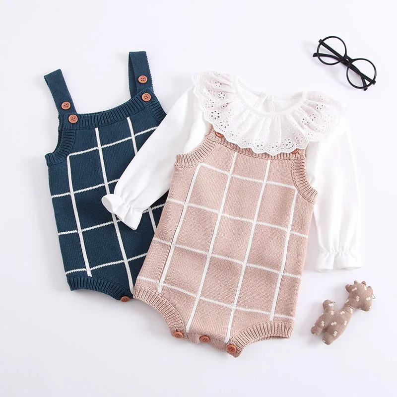 Baby Knitted Romper Cotton Woolen Baby Girls Boys Clothes Newborn Infant Jumpsuit Plaid Sleeveless Toddler Overalls Outfits